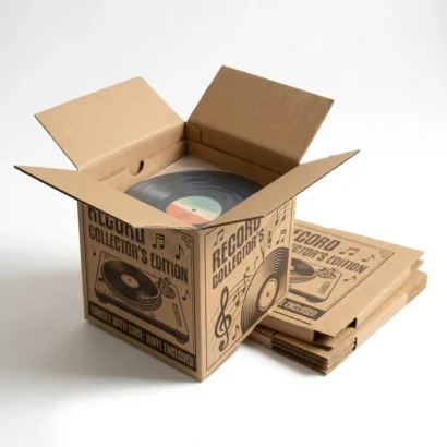 Open custom cardboard vinyl record mailer box on white background
