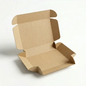 Open kraft literature mailer box on white background