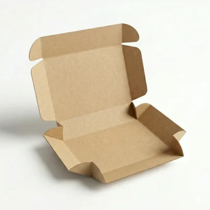 Open kraft literature mailer box on white background