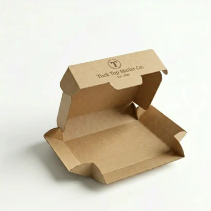 Open kraft tuck top mailer box on a white background