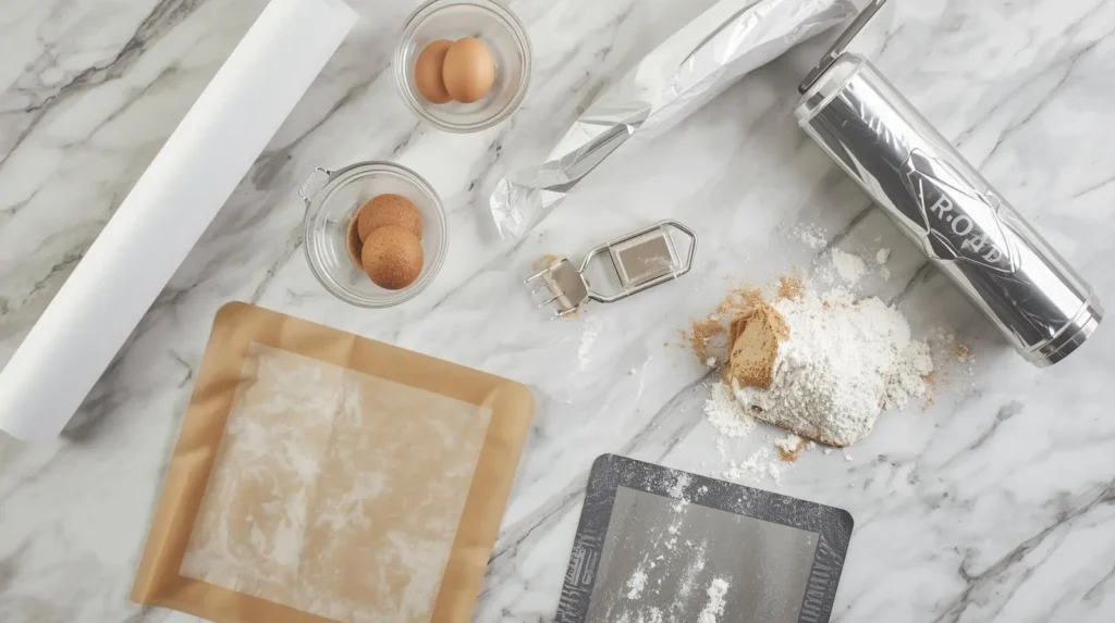 Flat lay of baking alternatives including parchment paper, aluminum foil, silicone baking mat, and a greased baking pan