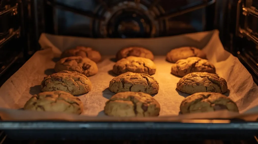 Fresh cookies baking on a tray lined with parchment paper inside a modern kitchen oven