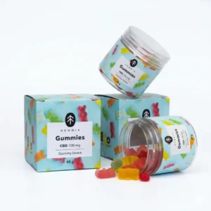 Hemnia CBD gummy bear jars and boxes arranged on a white background
