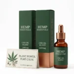 Hemp Essentials CBD oil products with boxes and a branded quote card on a white background
