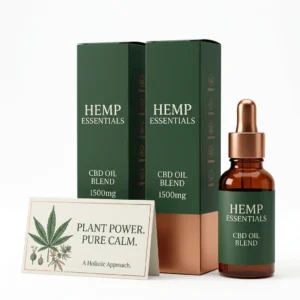 Hemp Essentials CBD oil products with boxes and a branded quote card on a white background