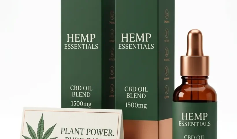 Hemp Essentials CBD oil products with boxes and a branded quote card on a white background