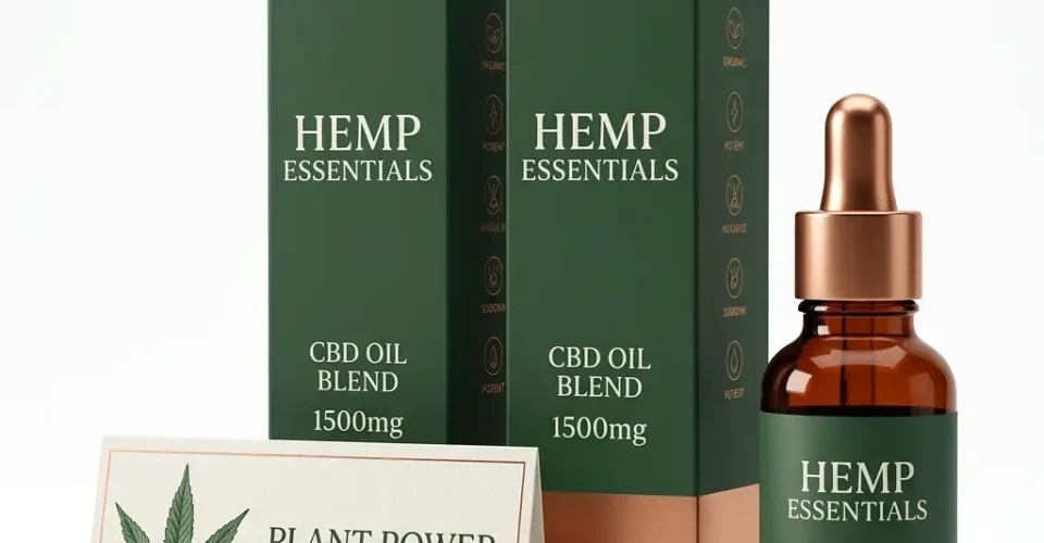 Hemp Essentials CBD oil products with boxes and a branded quote card on a white background