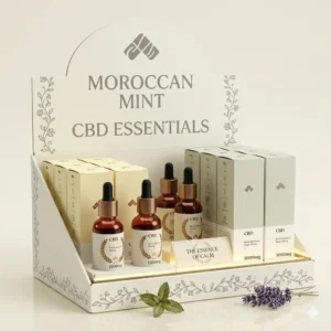Moroccan Mint CBD Essentials display featuring oil tincture bottles and product boxes