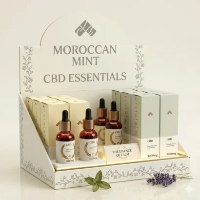 Moroccan Mint CBD Essentials display featuring oil tincture bottles and product boxes