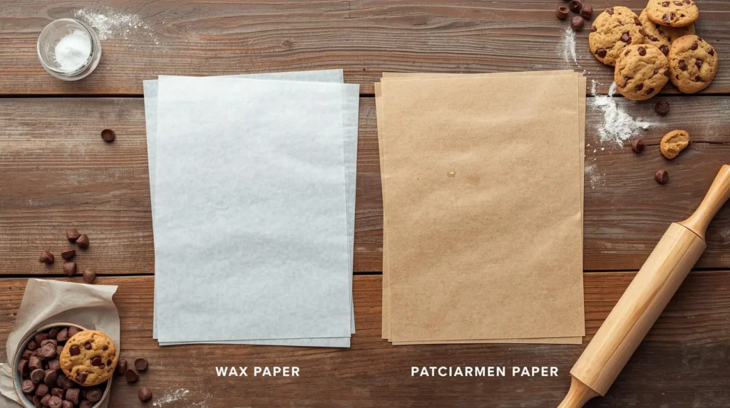 Side-by-side comparison of wax paper and parchment paper on a kitchen counter with baking tools