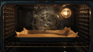 Wax paper melting on a baking tray inside a hot oven, showing why it is unsafe for high-temperature baking