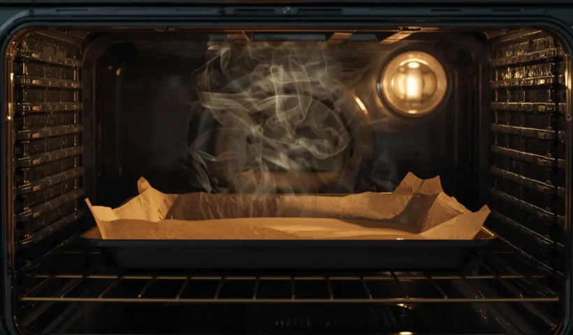 Wax paper melting on a baking tray inside a hot oven, showing why it is unsafe for high-temperature baking