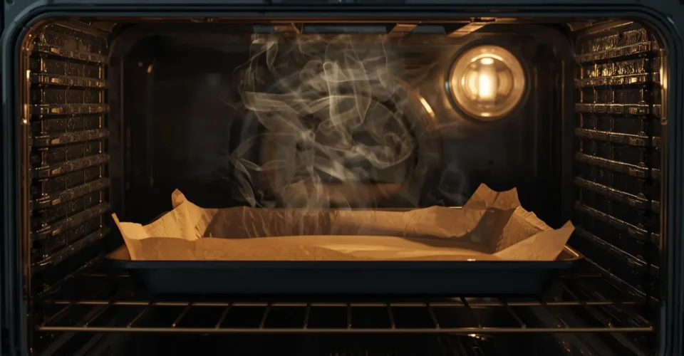 Wax paper melting on a baking tray inside a hot oven, showing why it is unsafe for high-temperature baking