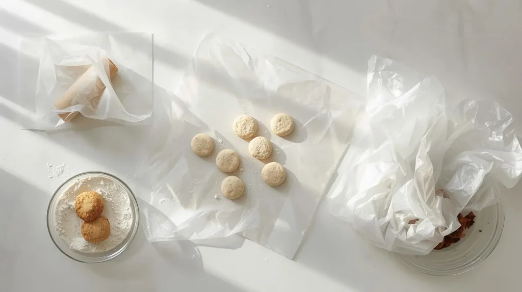 Wax paper used on a kitchen countertop for wrapping sandwiches and separating baked goods