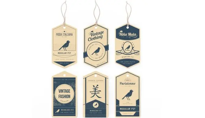 Custom printed vintage clothing hang tags with brand logos and strings