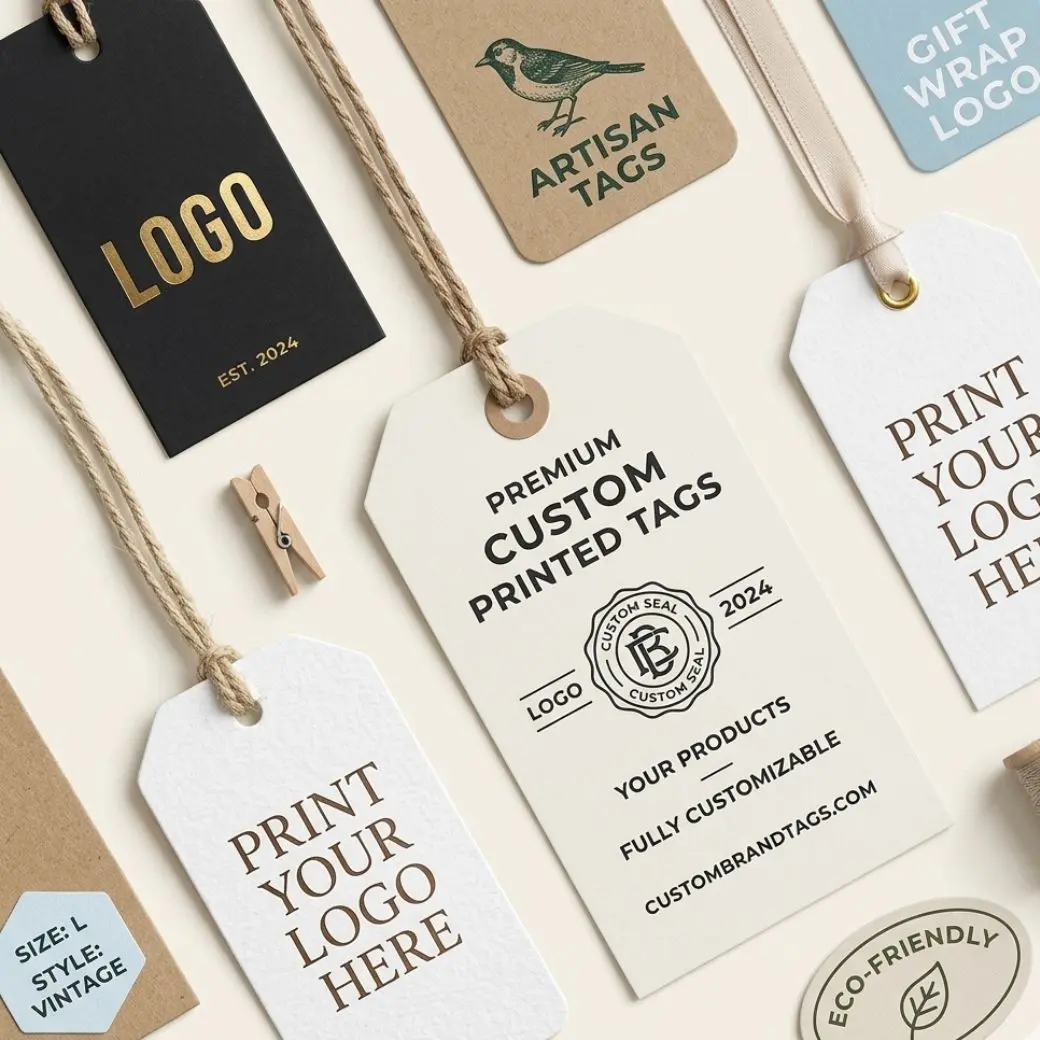 Premium custom printed hang tags in kraft, gold foil, and white cardstock for clothing and product branding