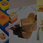 Collage of eco-friendly custom takeout food containers and bakery packaging