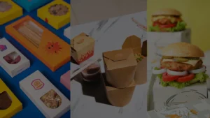 Collage of eco-friendly custom takeout food containers and bakery packaging