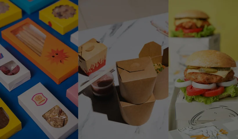 Collage of eco-friendly custom takeout food containers and bakery packaging