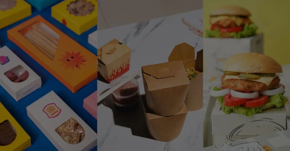 Collage of eco-friendly custom takeout food containers and bakery packaging