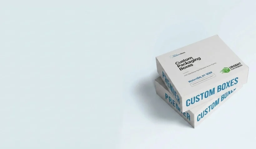 Stacked white custom boxes with Urgent Custom Boxes branding on a light background