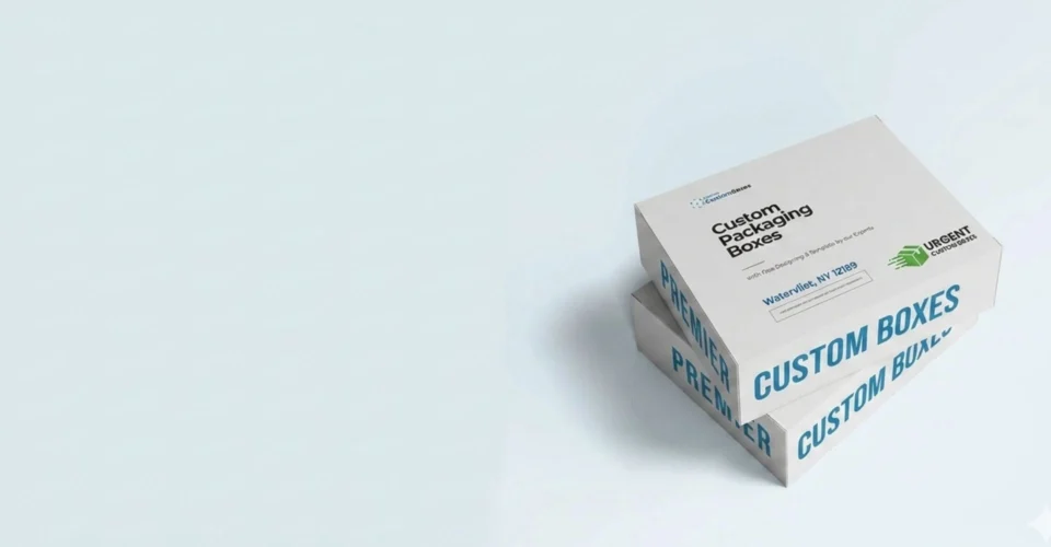 Stacked white custom boxes with Urgent Custom Boxes branding on a light background