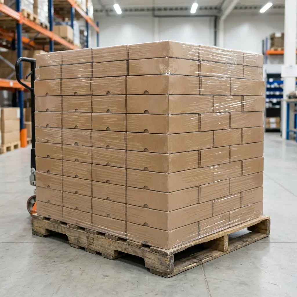 Bulk corrugated cardboard boxes stacked on wooden pallet