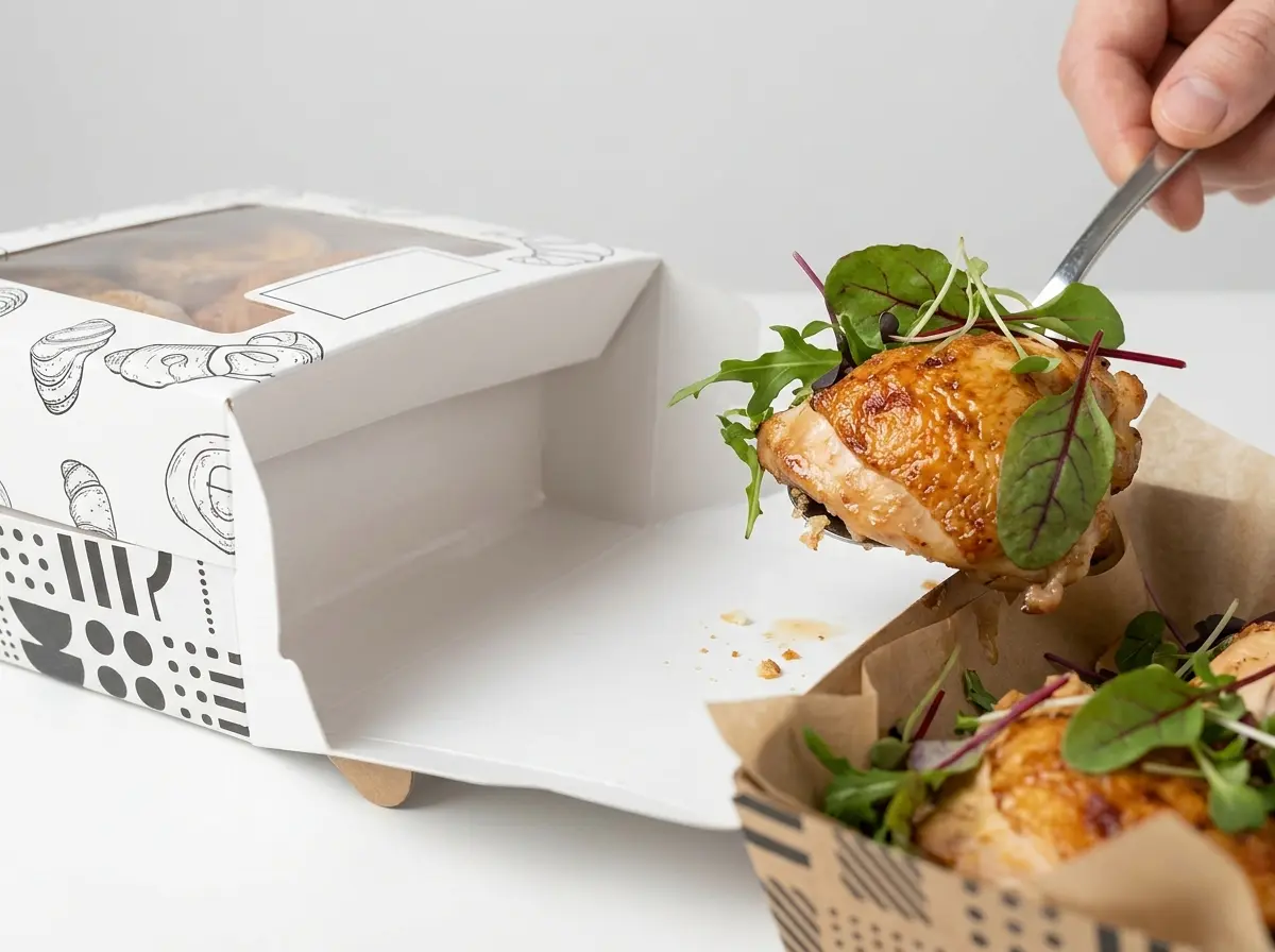Close up of food grade white paperboard box showing grease resistant interior coating