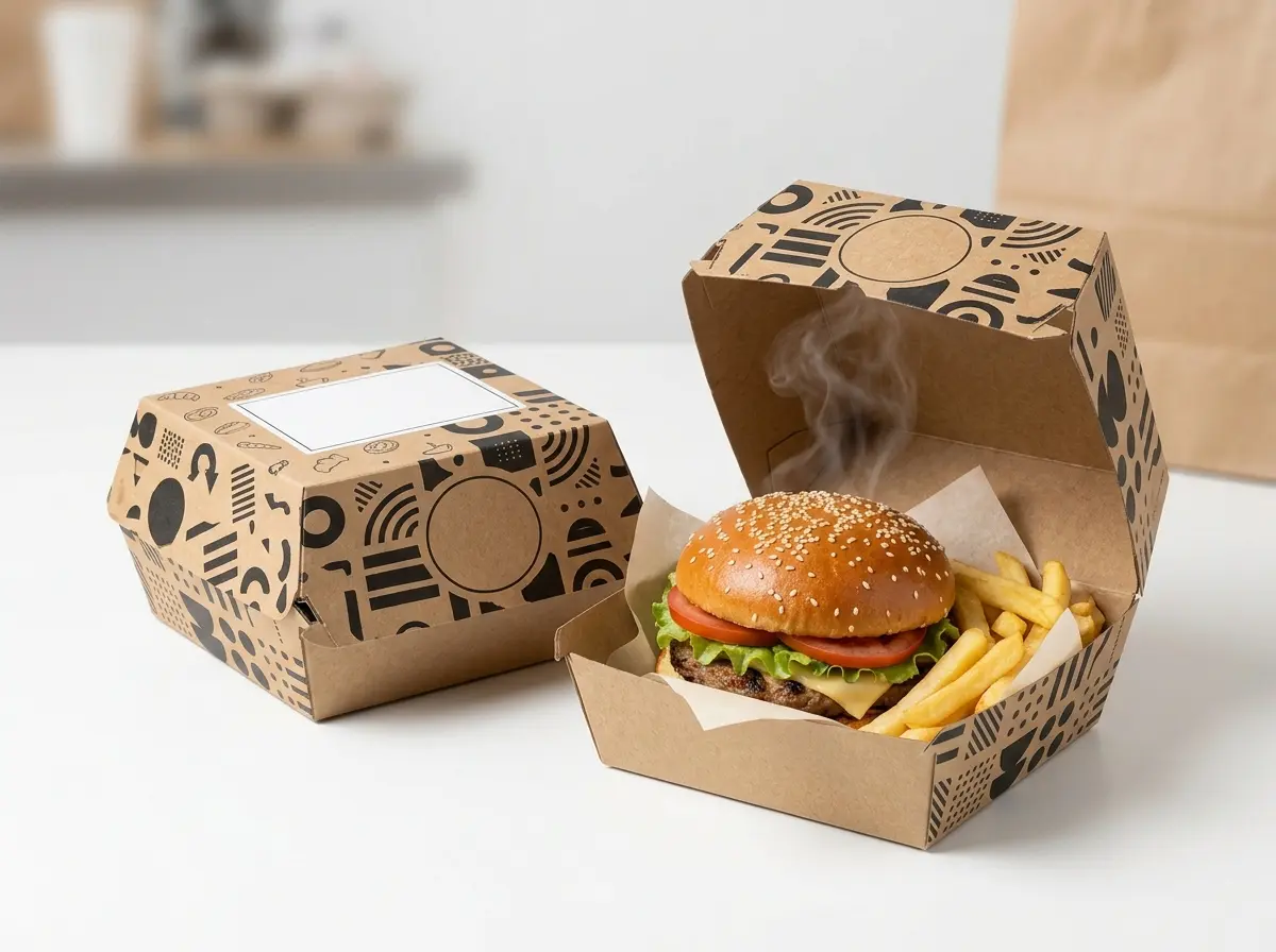 Custom kraft burger clamshell box open with burger and fries
