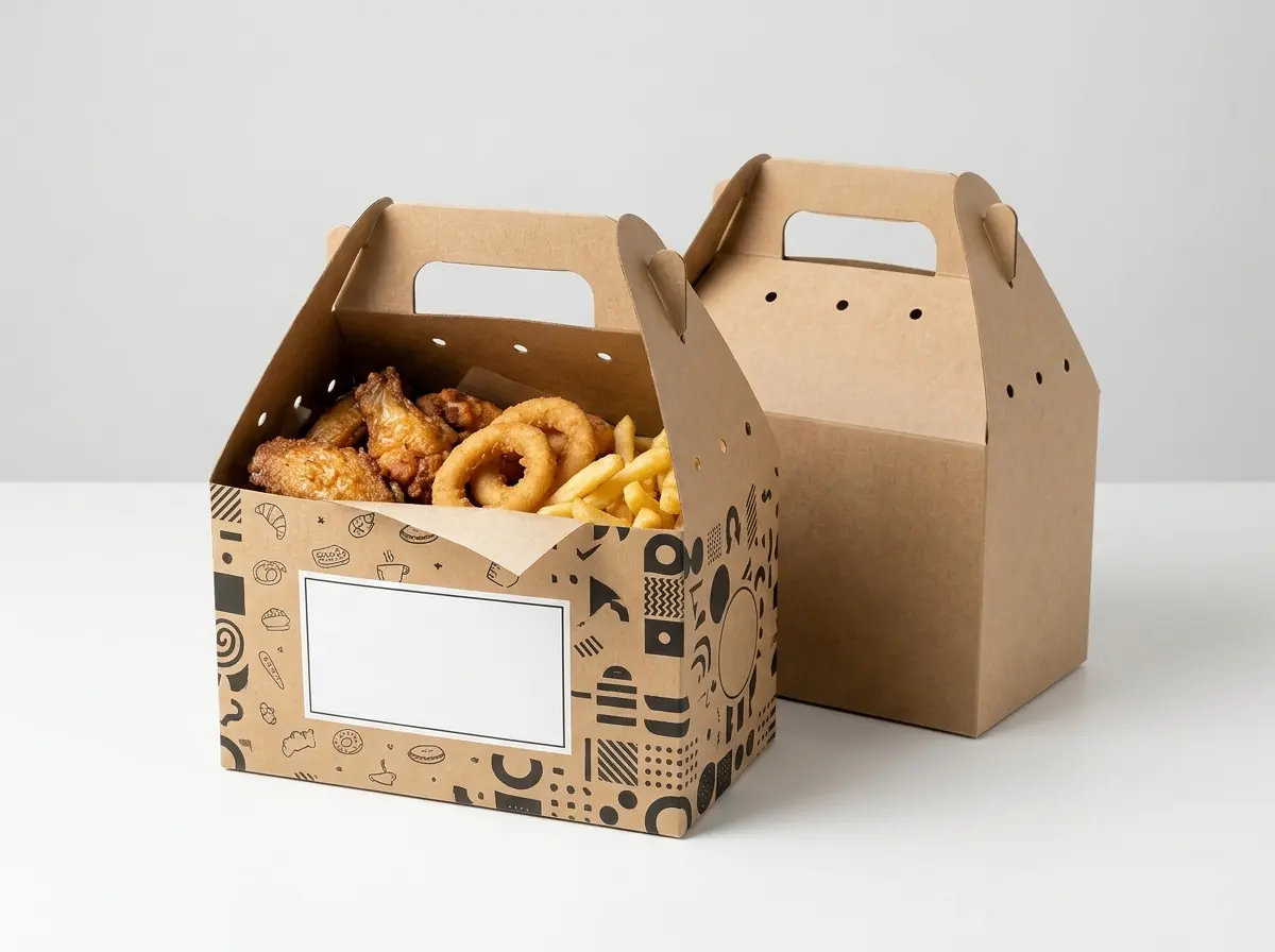 Custom kraft gable box with handles filled with fried food and catering snacks