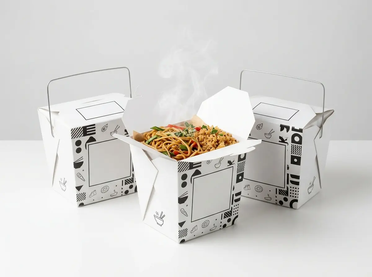 Custom leakproof Chinese takeout boxes with handles open with hot noodles