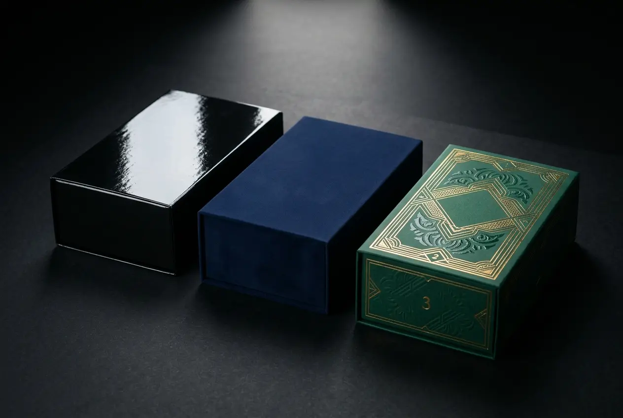 Custom printed boxes with gloss, matte, and gold foil finishes by Urgent Custom Boxes