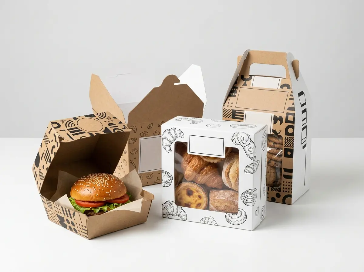 Custom printed food packaging boxes including kraft burger clamshell bakery window box and gable box
