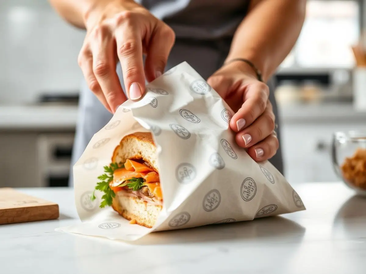 Custom printed food wrap paper packaging a gourmet sandwich