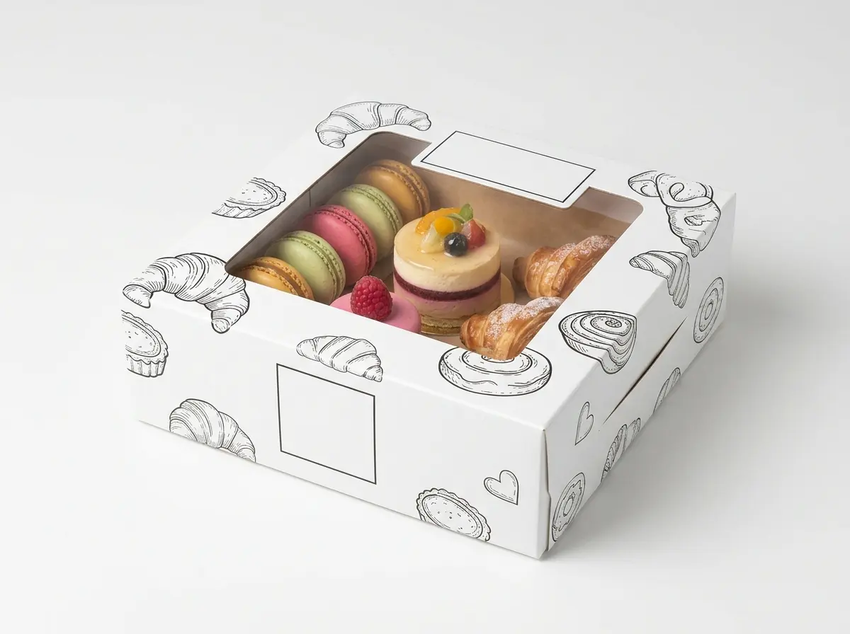 Custom white SBS bakery box with clear die cut window filled with macarons and pastries