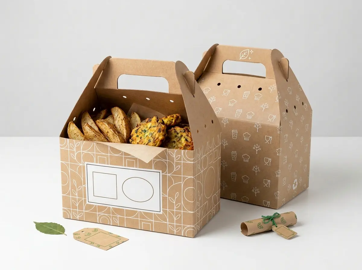 Eco-friendly recyclable kraft gable food boxes with sustainable leaf design accents