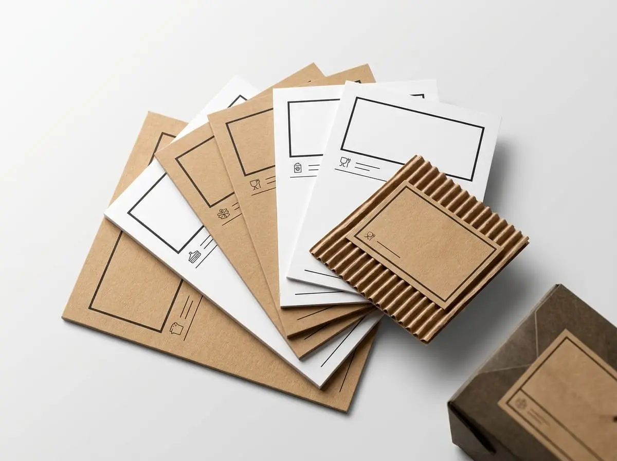 Food grade packaging material swatches showing white SBS board natural kraft and corrugated flute