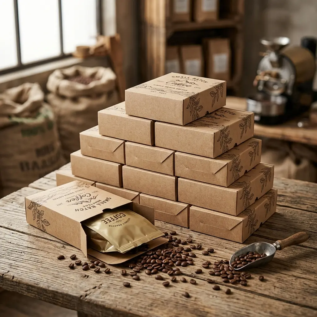 Stacked eco-friendly kraft coffee packaging boxes
