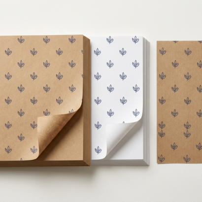 Stacks of brown and white kraft paper sheets and a ribbed kraft sheet printed with a logo pattern