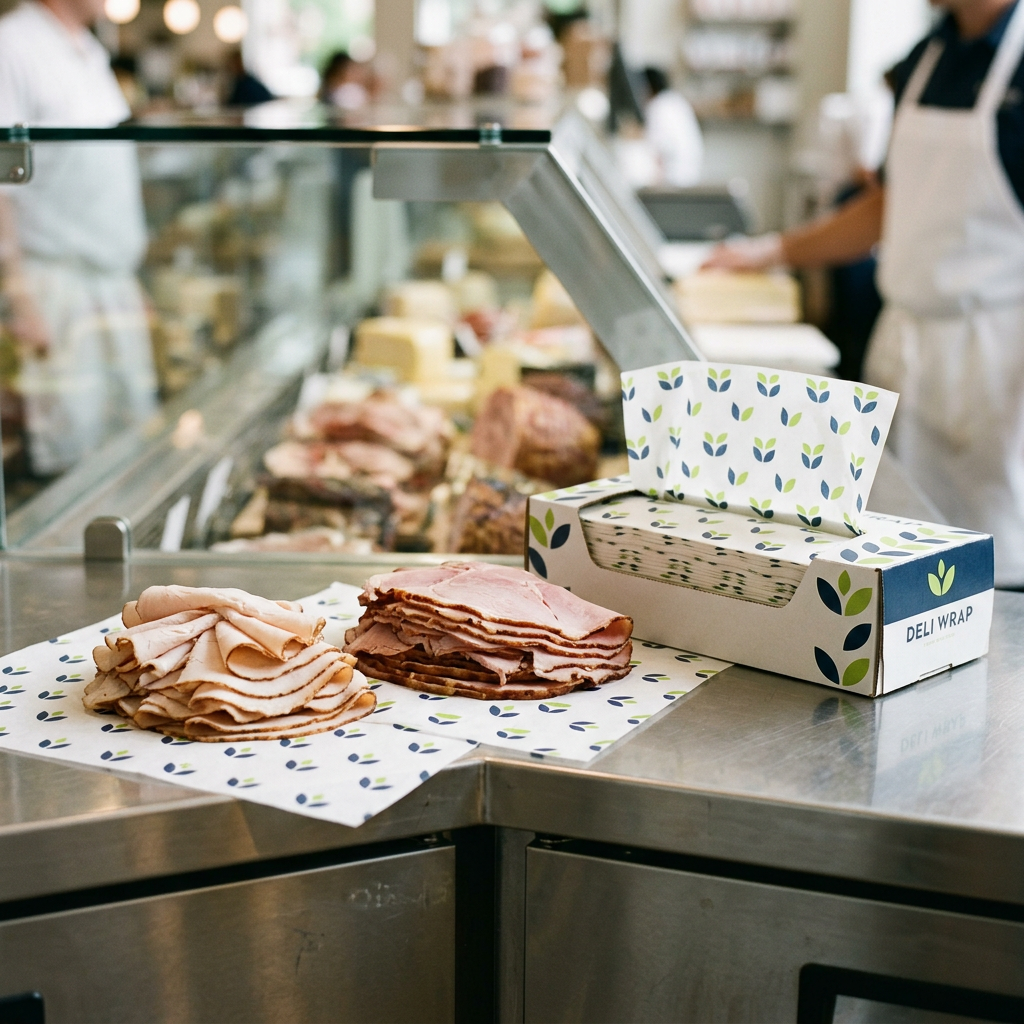 Sliced deli meats on custom printed deli paper sheets beside a dispenser box of interfolded sheets