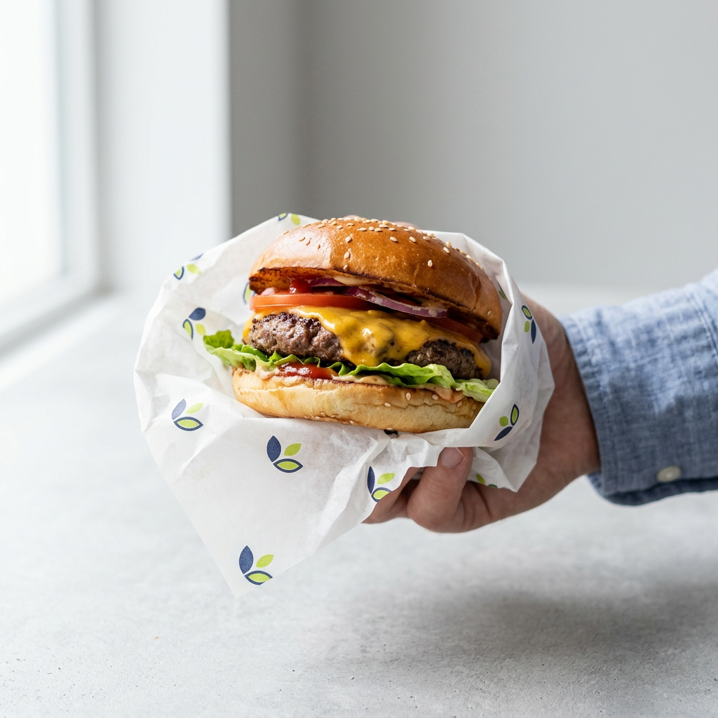 Burger wrapped in white custom printed greaseproof paper with a repeating logo pattern