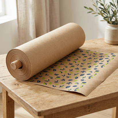 Roll of natural brown custom printed kraft paper unrolled to show a repeating logo pattern