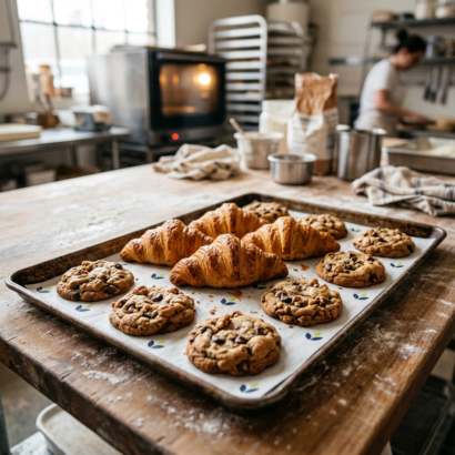 Cookies and croissants baked on a sheet pan lined with custom printed parchment paper