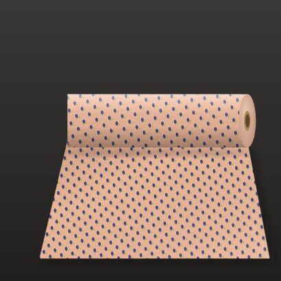 Custom printed pink butcher paper roll unrolled with a repeating logo pattern