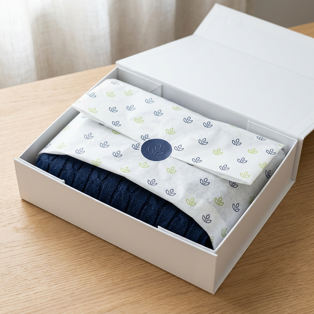 Sweater wrapped in custom printed white tissue paper with a logo pattern and sticker seal inside a gift box