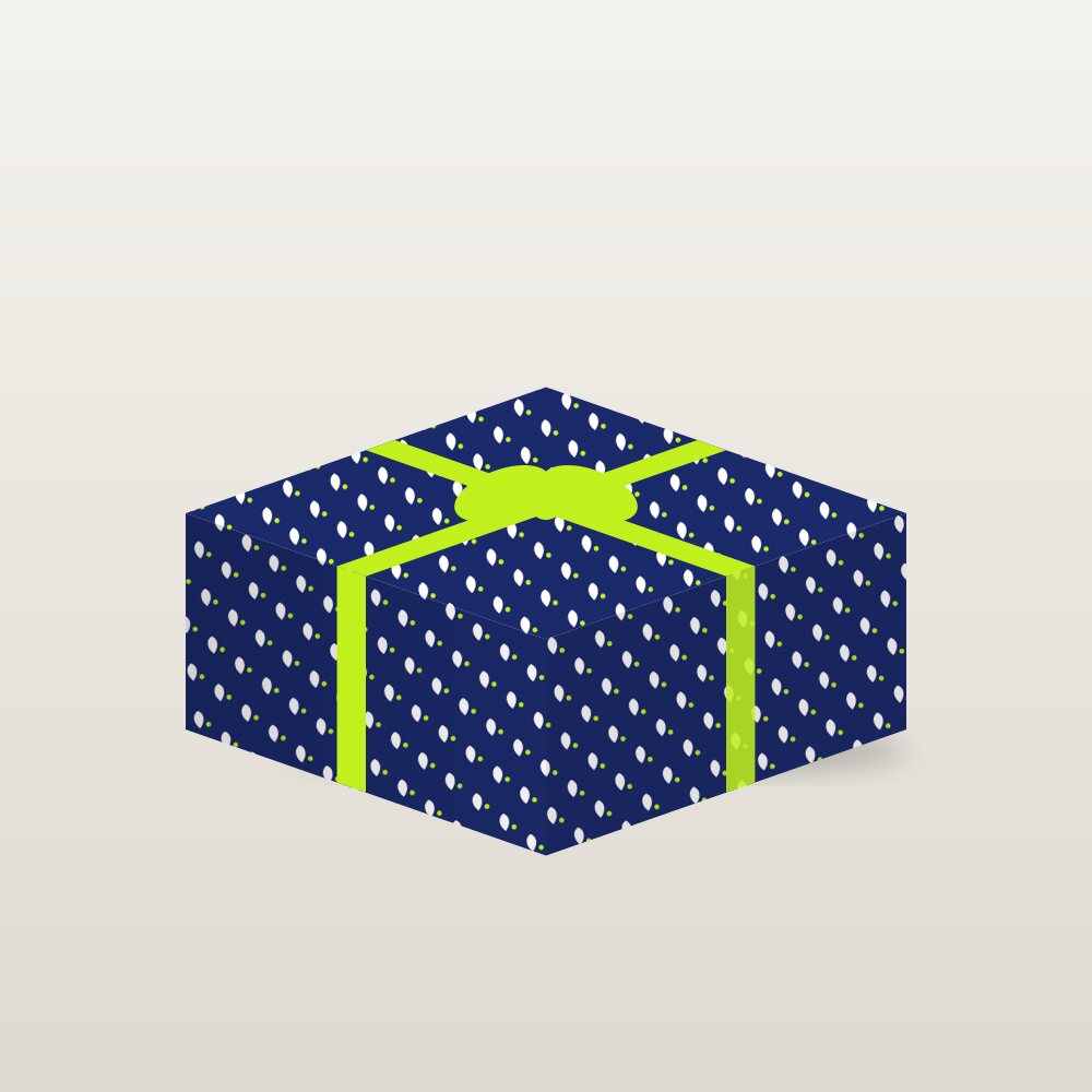 Gift box wrapped in custom printed wrapping paper with a repeating logo pattern and ribbon bow