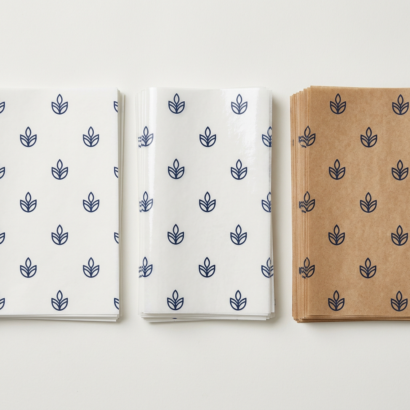Stacks of white dry wax, white wet wax and natural kraft wax paper sheets printed with a logo pattern