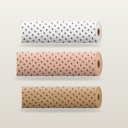 White, pink and brown kraft butcher paper rolls printed with a logo pattern
