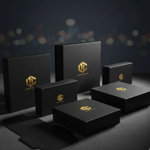 Black kraft boxes, gold foil logo, luxury product display