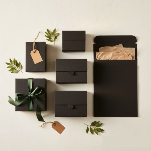 Black kraft packaging set flat-lay with ribbon, tissue paper, and eco props